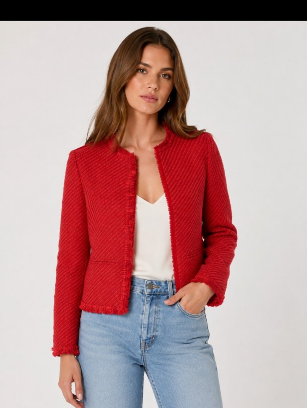 Maje Red Textured Collarless Tweed Jacket